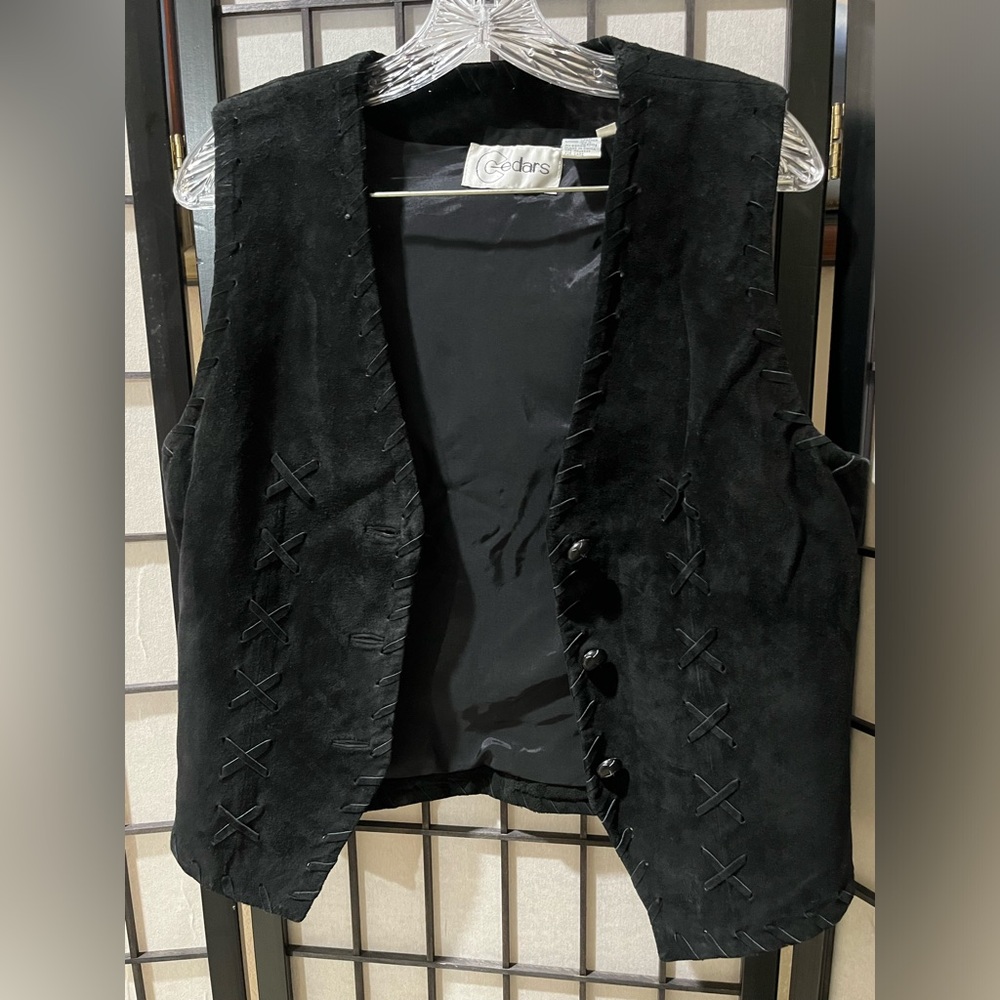 WOMENS Black LEATHER Western Vest with Lace Stitching, BUTTON UP FRONT, SIZE M